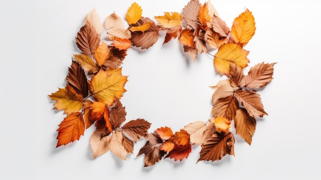 A wreath of autumn leaves on a white background