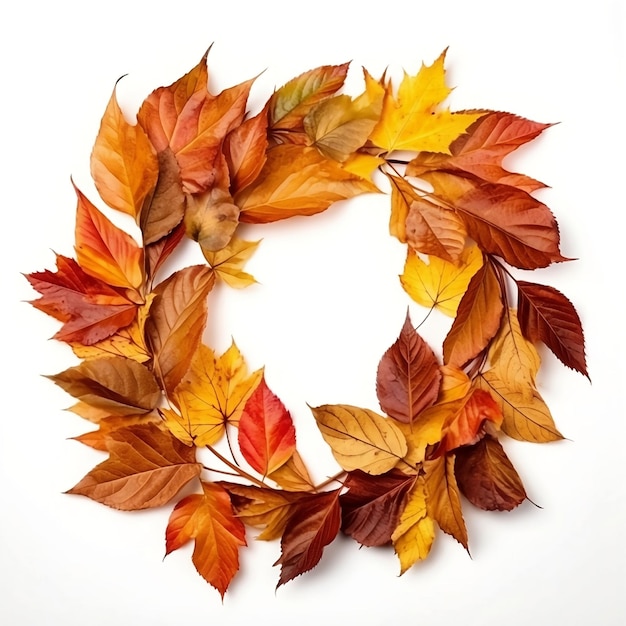 A wreath of autumn leaves on a white background