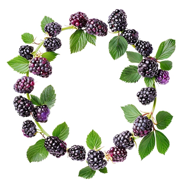 a wreath of blackberries with green leaves and a white background