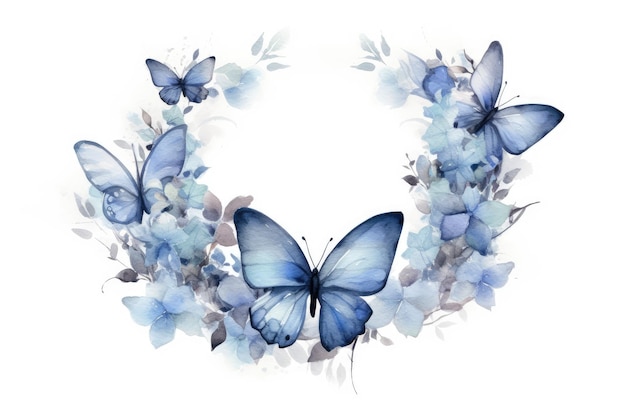 A wreath of blue butterflies with flowers.