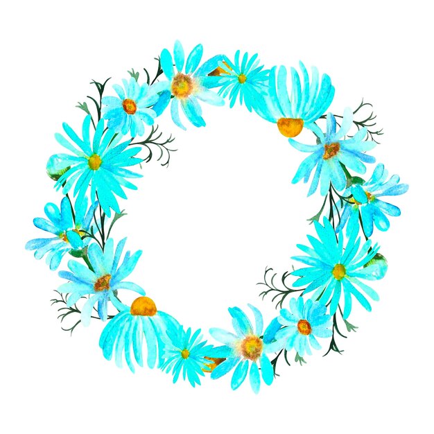 分離された青いカモミール水彩画の花輪