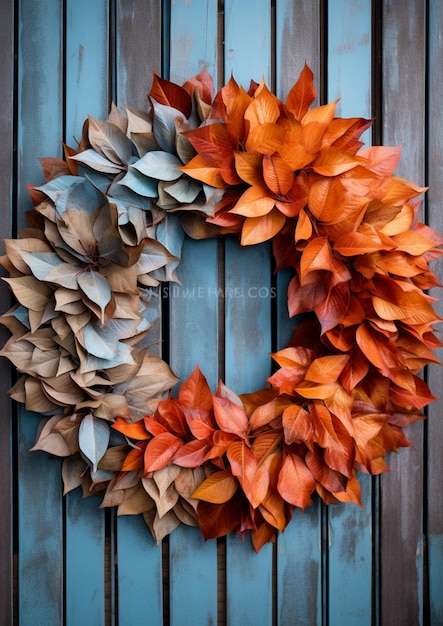 Photo wreath on a blue wall with fall leaves