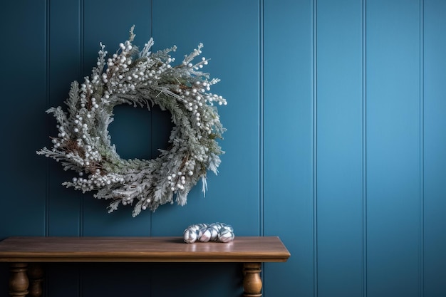 Photo wreath on blue wall above wooden table with ornaments
