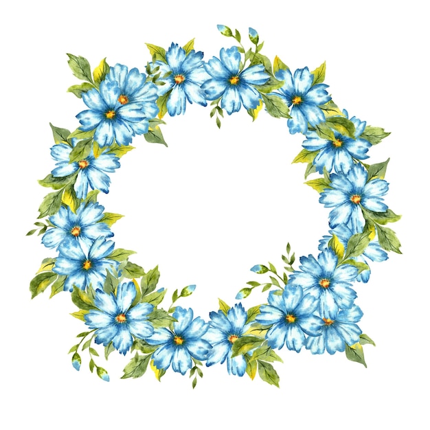 Wreath of blue watercolor flowers