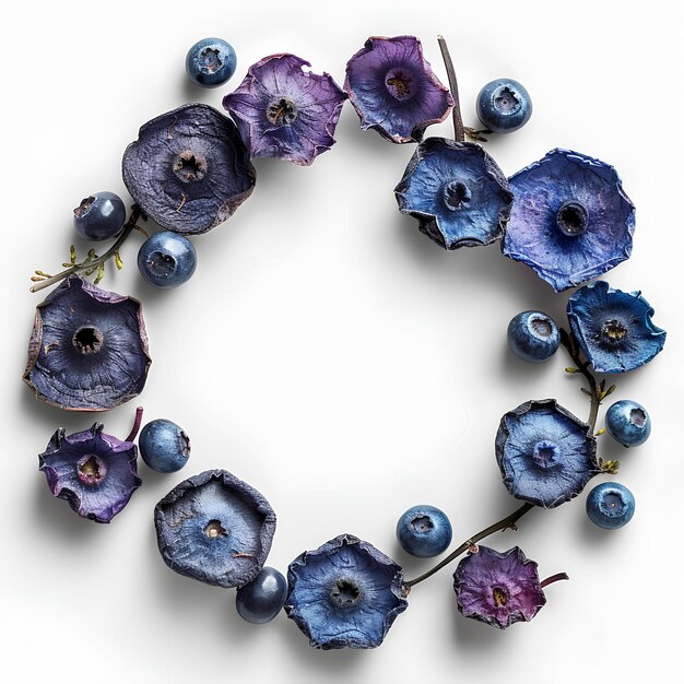 A wreath of blueberries and flowers on a white background with a blue center piece of the wreath is