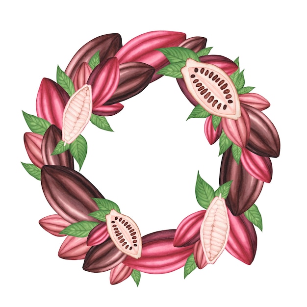 Wreath brown and pink Cocoa pod isolated on white background Watercolor hand drawn frame Illustration for design