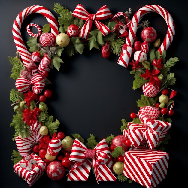 A wreath of candy canes is on a black background.