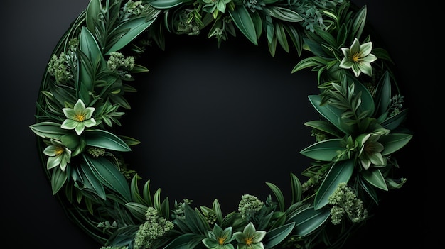 暗い背景に緑の円錐形の松ぼっくりと円錐形のクリスマス ツリーの枝の花輪トップ ビュー新年クリスマス休暇