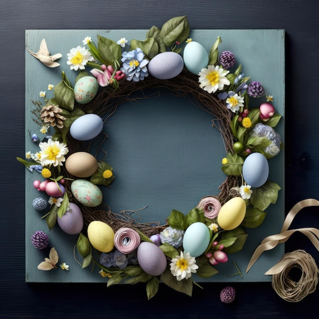 A wreath of colorful eggs is on a blue background.