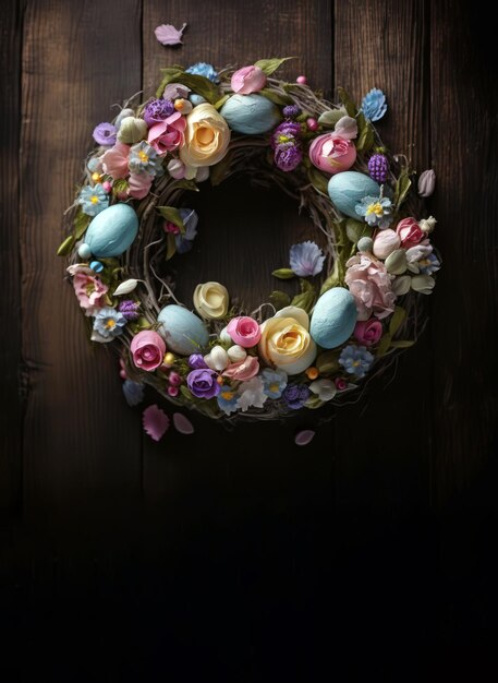 A wreath of colorful flowers is hung on a wooden surface.