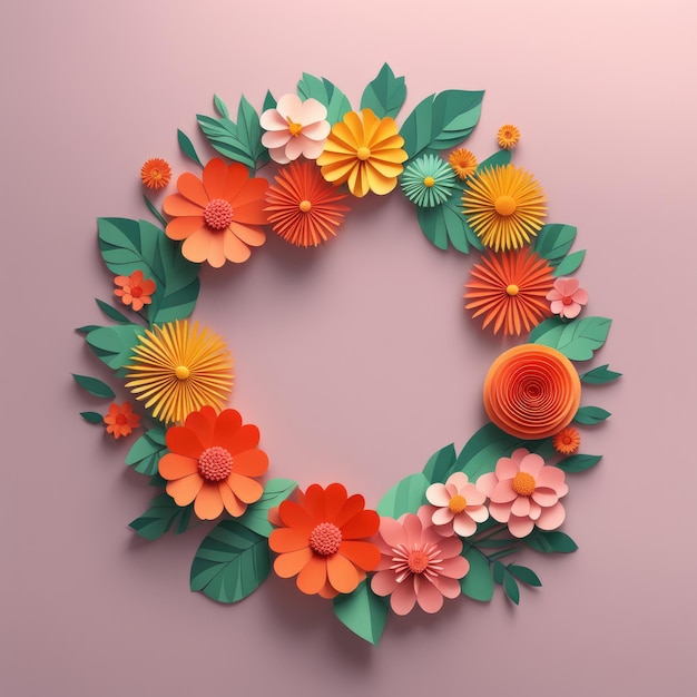 A wreath of colorful paper cutout flowers with lush green leaves arranged in a circular pattern