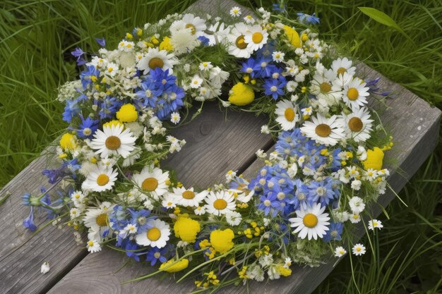 ヤグルマギク、カモミール、その他の花の花輪