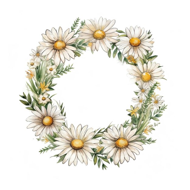 A wreath of daisies with green leaves on a white background.