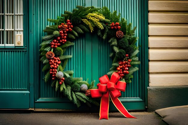 A wreath on a door that says christmas on it