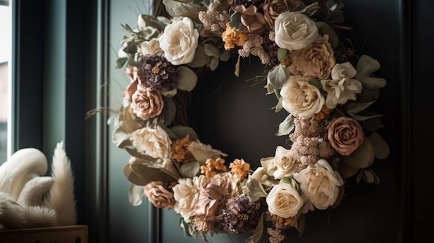 A wreath on a door with a dark background