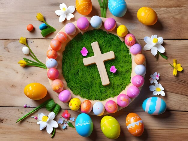 a wreath of easter eggs and a cross with a green background