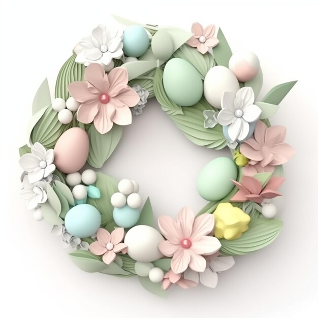 Foto ghirlanda di uova di pasqua e fiori primaverili 3d stylish spring template greeting card o banner