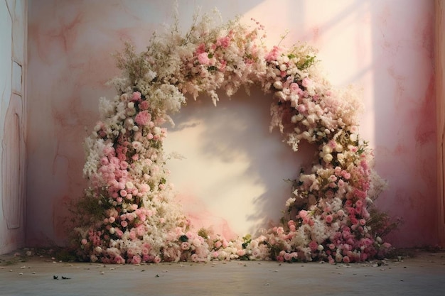 a wreath of flowers adorns a window in a room.