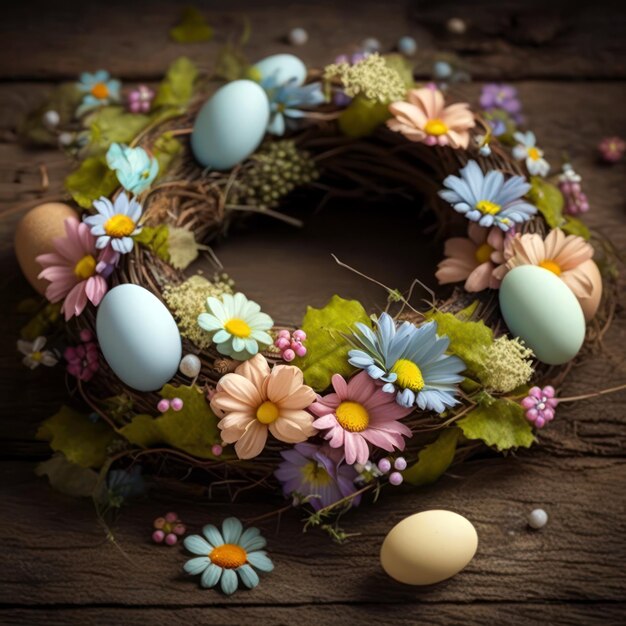 A wreath of flowers and eggs is on a wooden table.