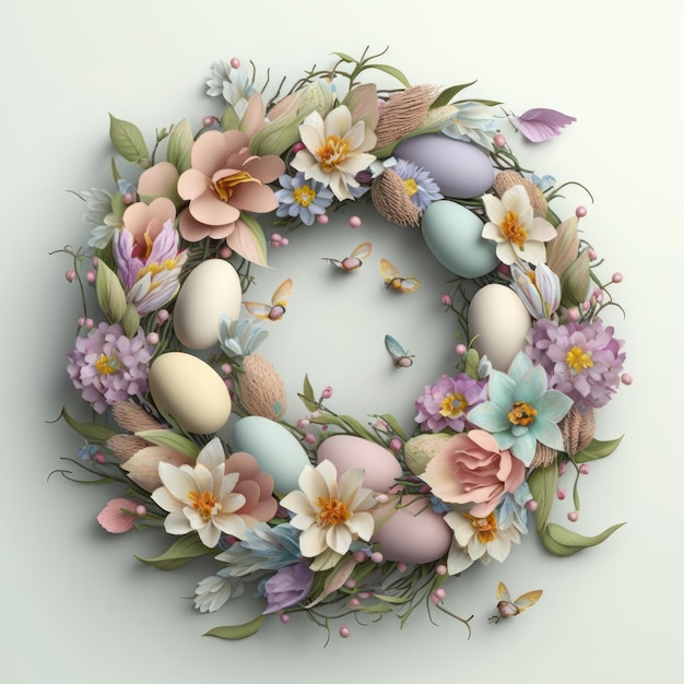 A wreath of flowers and eggs with the words easter on it.