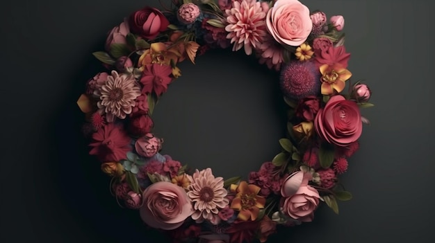 A wreath of flowers is displayed on a black background.