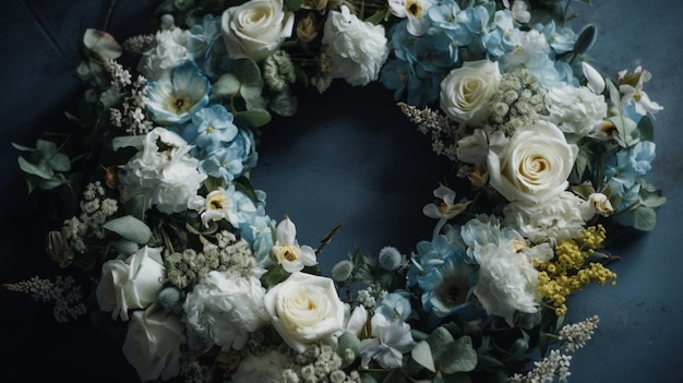 A wreath of flowers is displayed on a dark background.