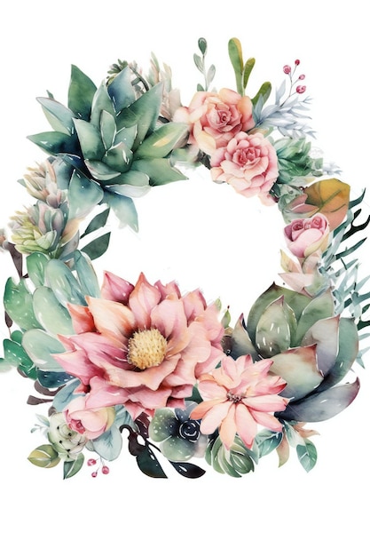 A wreath of flowers is displayed on a white background.