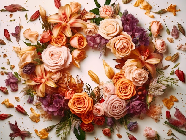 A wreath of flowers is made of flowers and leaves.