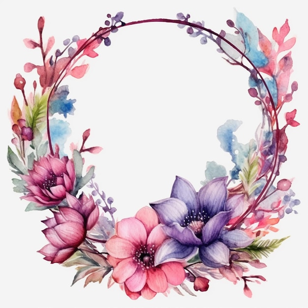 A wreath of flowers is made of watercolors.