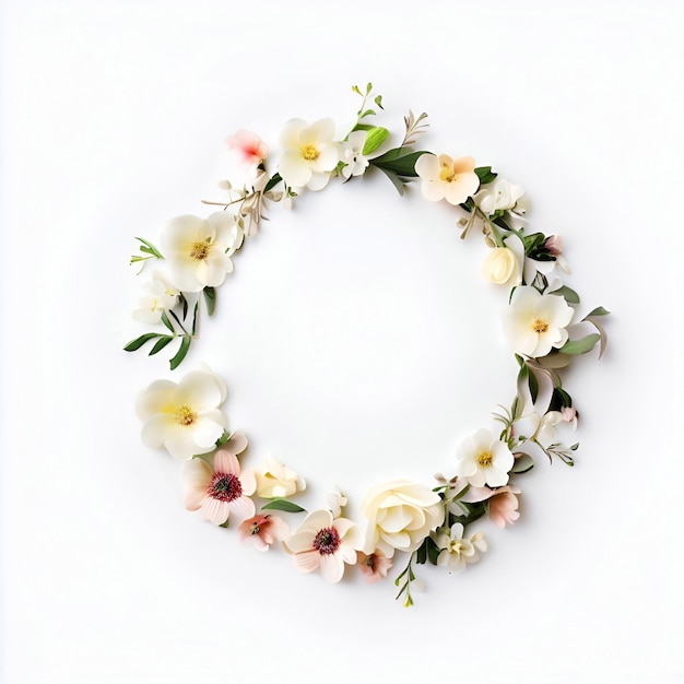 A wreath of flowers is made of white and pink flowers.