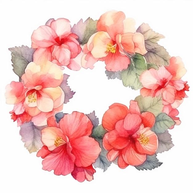 A wreath of flowers is made with watercolors