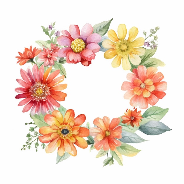 A wreath of flowers is made with watercolors.