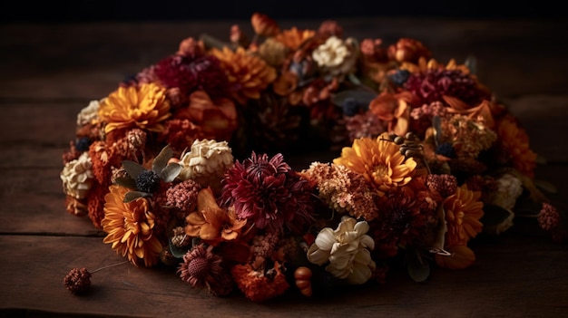 A wreath of flowers is on a table in front of a dark background.