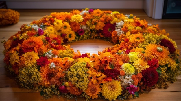A wreath of flowers is on a wooden floor.