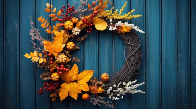 Wreath flowers leaves twigs autumn wreath fall decorations farm house style home decor created with Generative AI technology