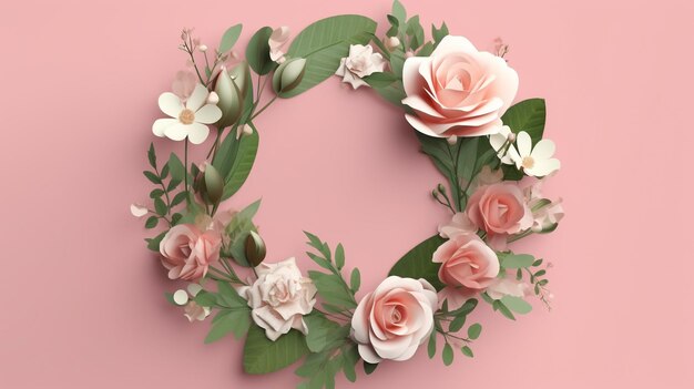 A wreath of flowers on a pink background