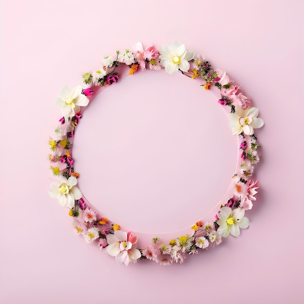 A wreath of flowers on a pink background