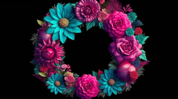 A wreath of flowers with a black background