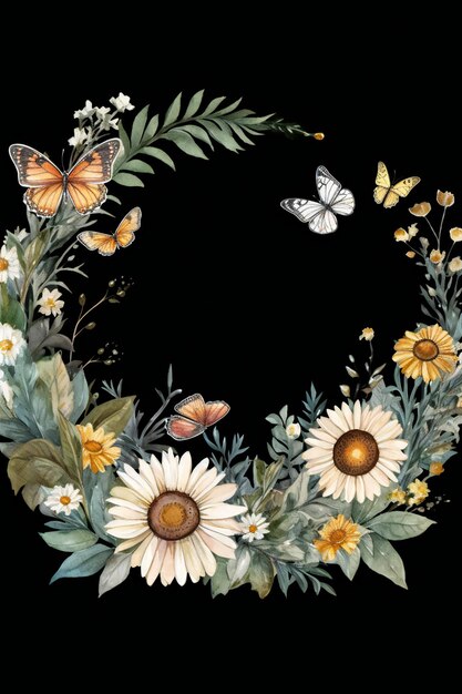 A wreath of flowers with butterflies and a butterfly