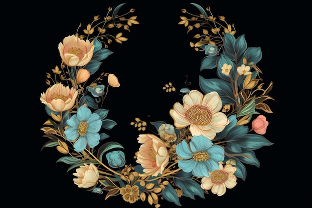 A wreath of flowers with a gold leaf on a black background.