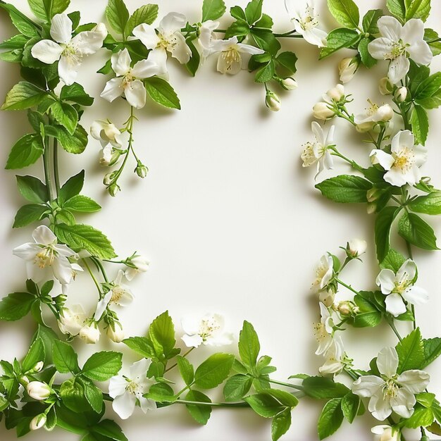 Photo a wreath of flowers with white flowers and green leaves