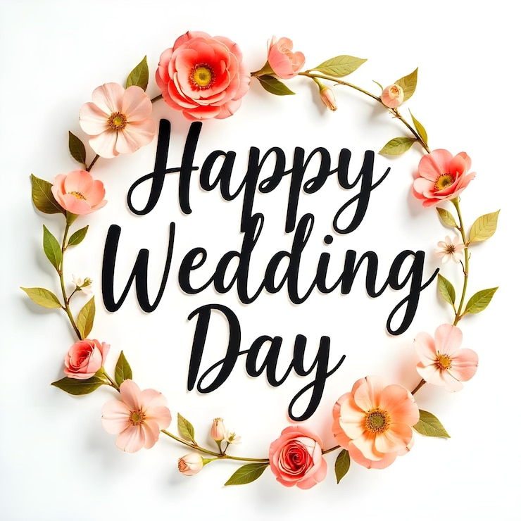 Photo a wreath of flowers with the words happy wedding day on it