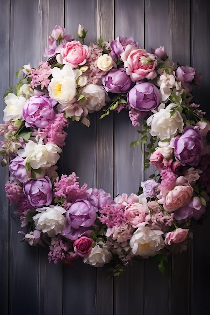 a wreath of flowers on a wooden door.