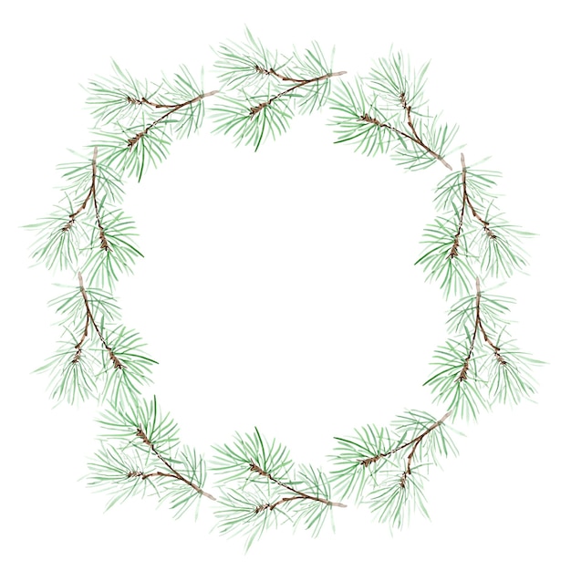 Photo wreath frame from pine branches watercolor seamless pattern