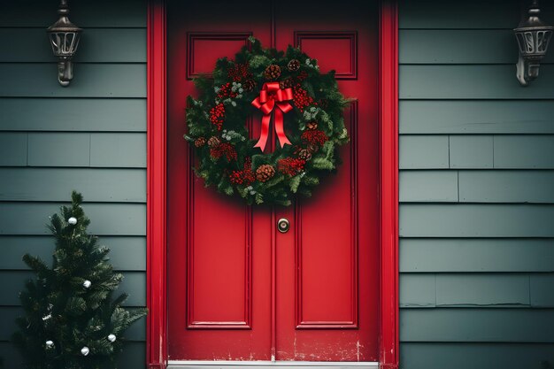 Photo wreath on the front door of a house generative ai