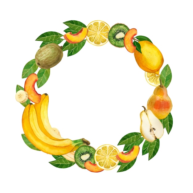 Wreath of fruits painted in watercolors Bananas nectarine pear kiwi lemon fruit slices green leaves handpainted in watercolor Suitable for printing on fabric and paper For kitchen