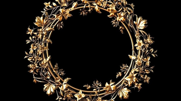 Photo a wreath of gold jewelry flowers on a black background generative ai