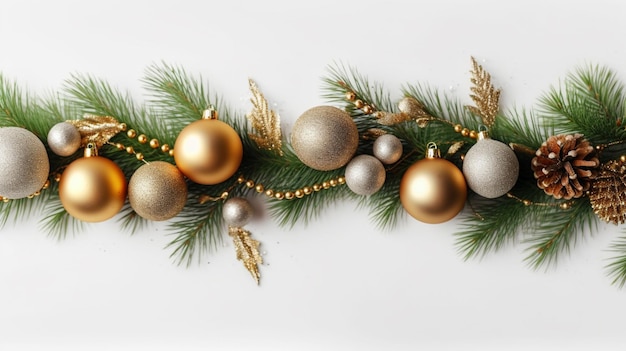 a wreath of gold and silver balls on a white background