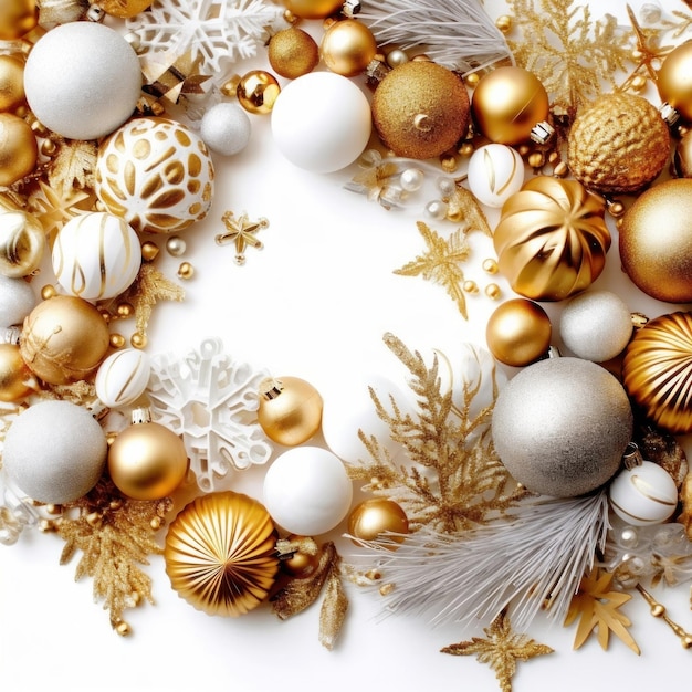 a wreath of gold and silver ornaments with a white background.