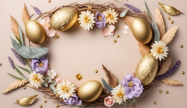 A wreath of golden eggs with flowers and a pink background